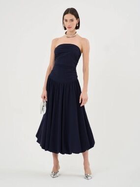 NWT Extro&Vert Bandeau Puffball Hem Navy Maxi Dress